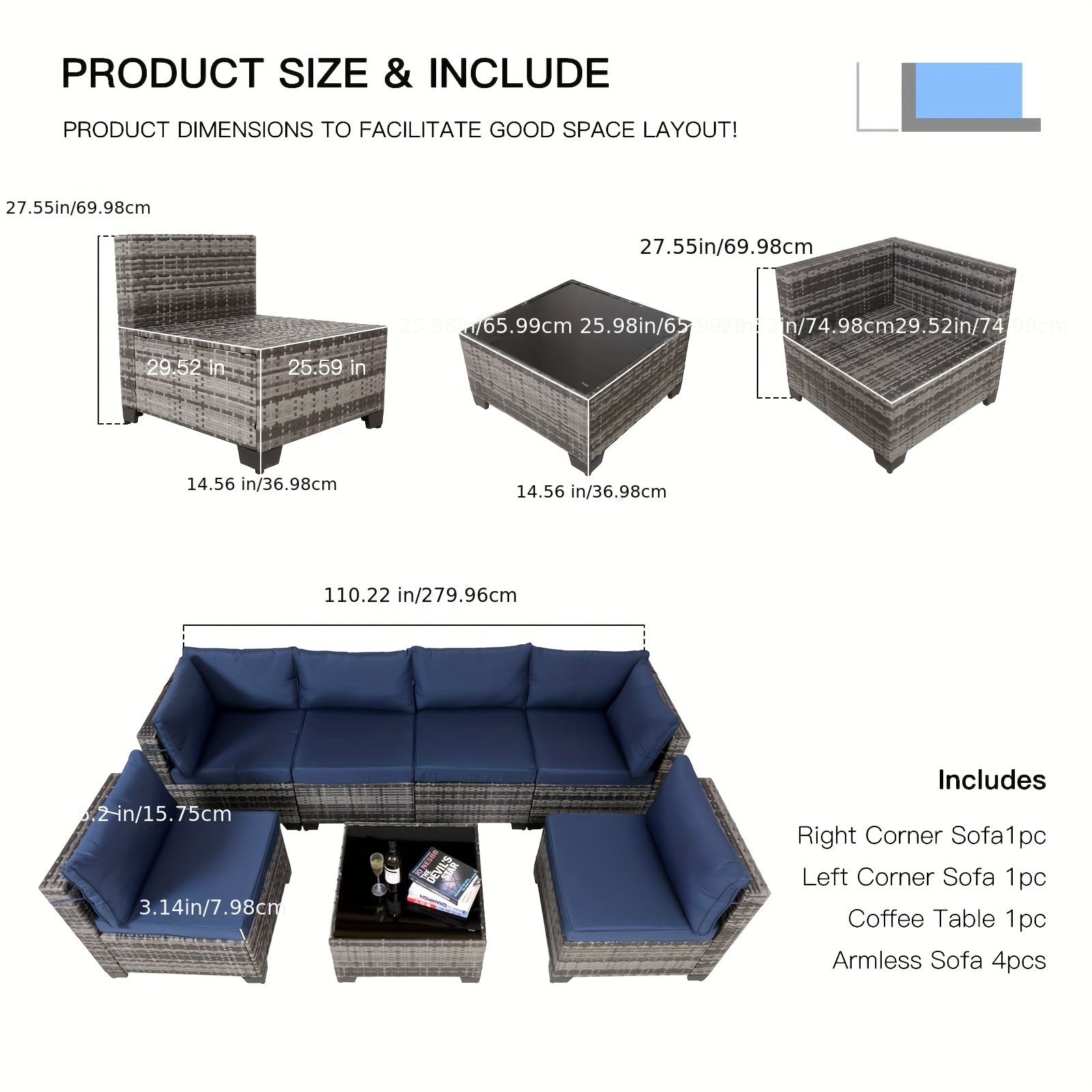 7-piece 7-Piece Rattan Sectional Sofa Patio Set with Washable Cushions and Glass Coffee Table for Garden, Poolside, and Backyard – Bild 8