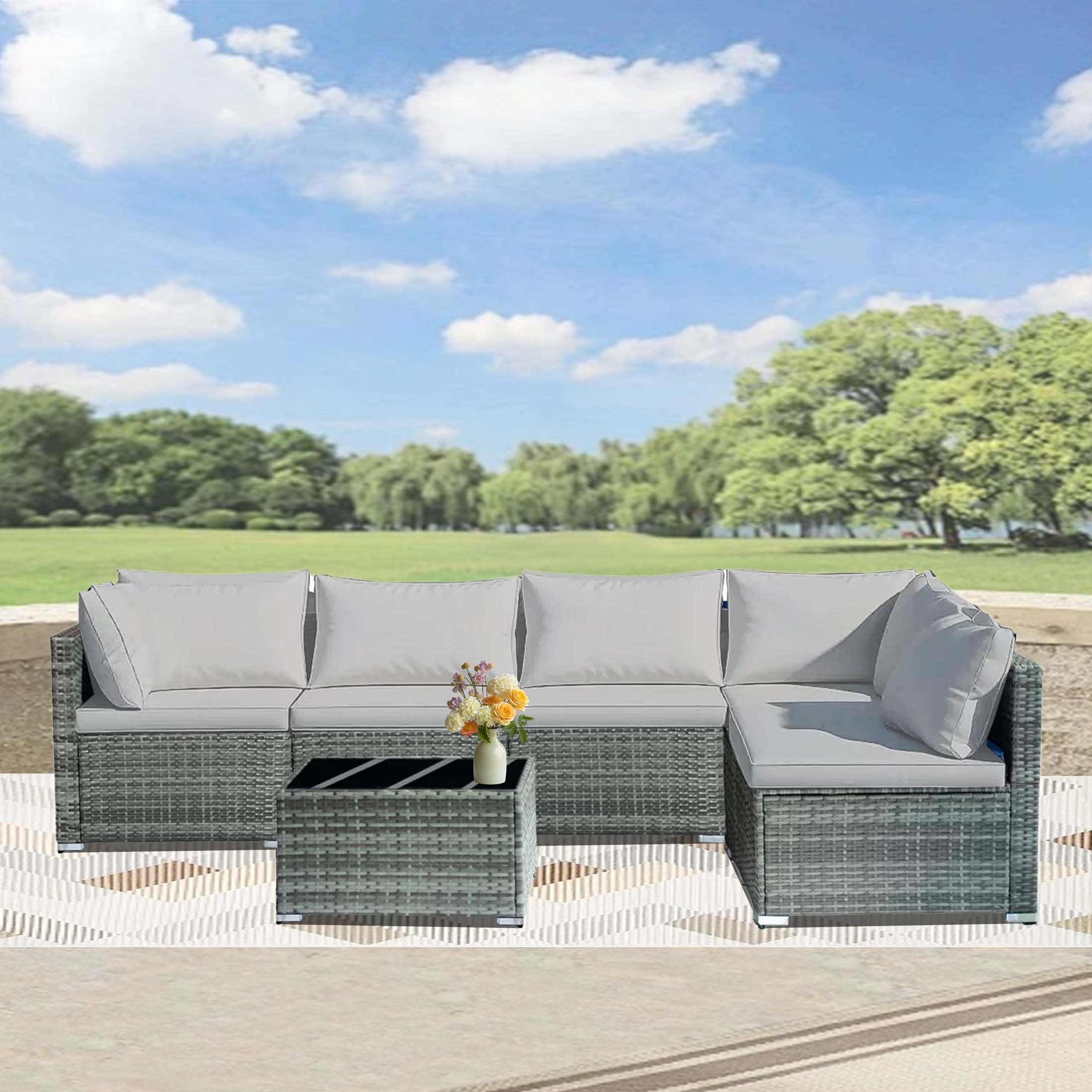 7-piece 7-Piece Rattan Sectional Sofa Patio Set with Washable Cushions and Glass Coffee Table for Garden, Poolside, and Backyard – Bild 16