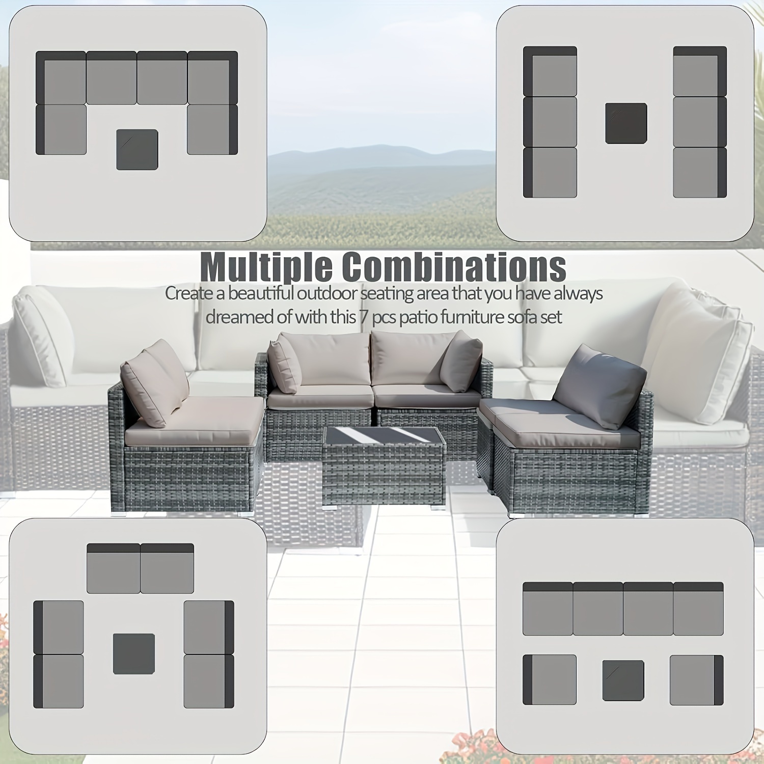 7-piece 7-Piece Rattan Sectional Sofa Patio Set with Washable Cushions and Glass Coffee Table for Garden, Poolside, and Backyard – Bild 12