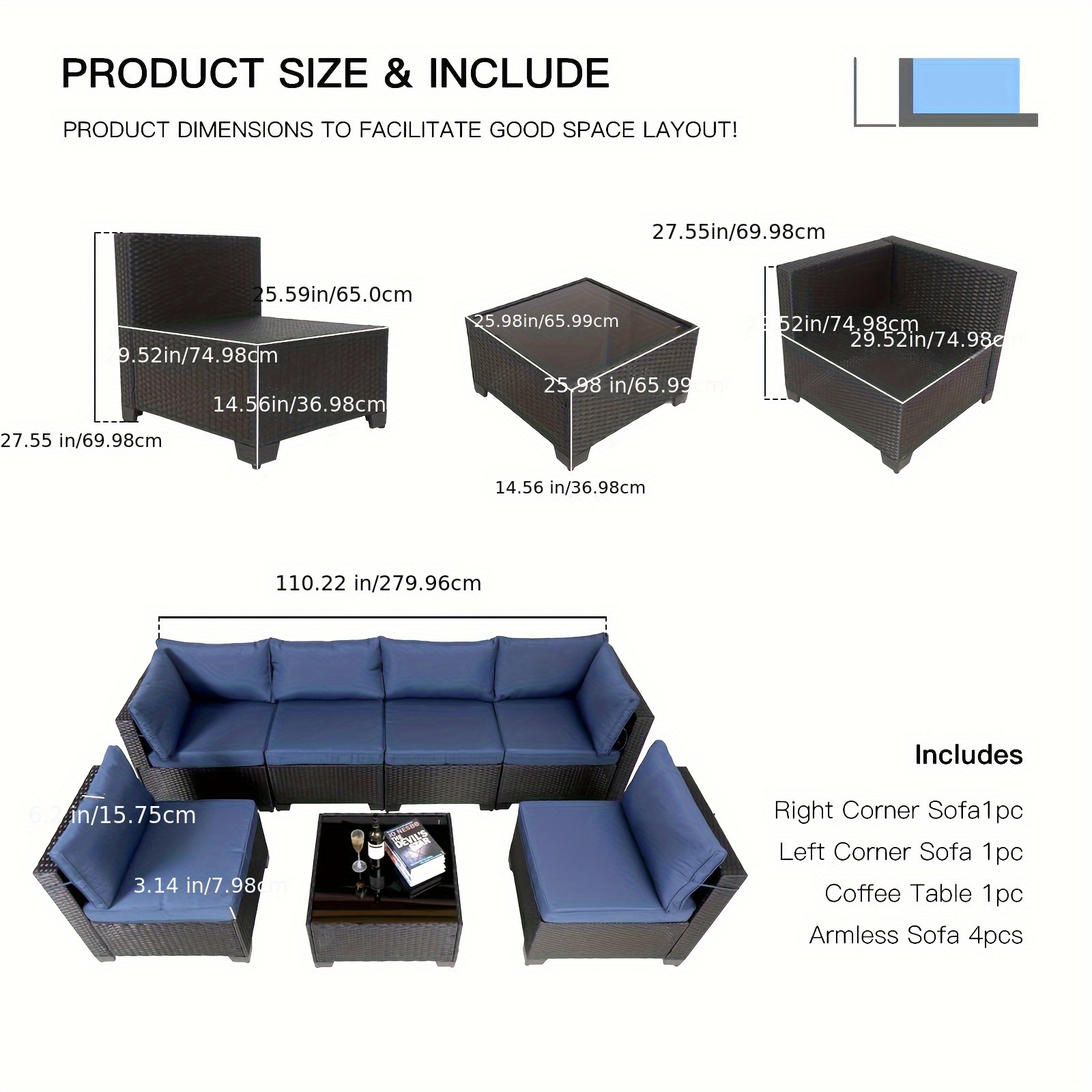 7-piece 7-Piece Rattan Sectional Sofa Patio Set with Washable Cushions and Glass Coffee Table for Garden, Poolside, and Backyard – Bild 5