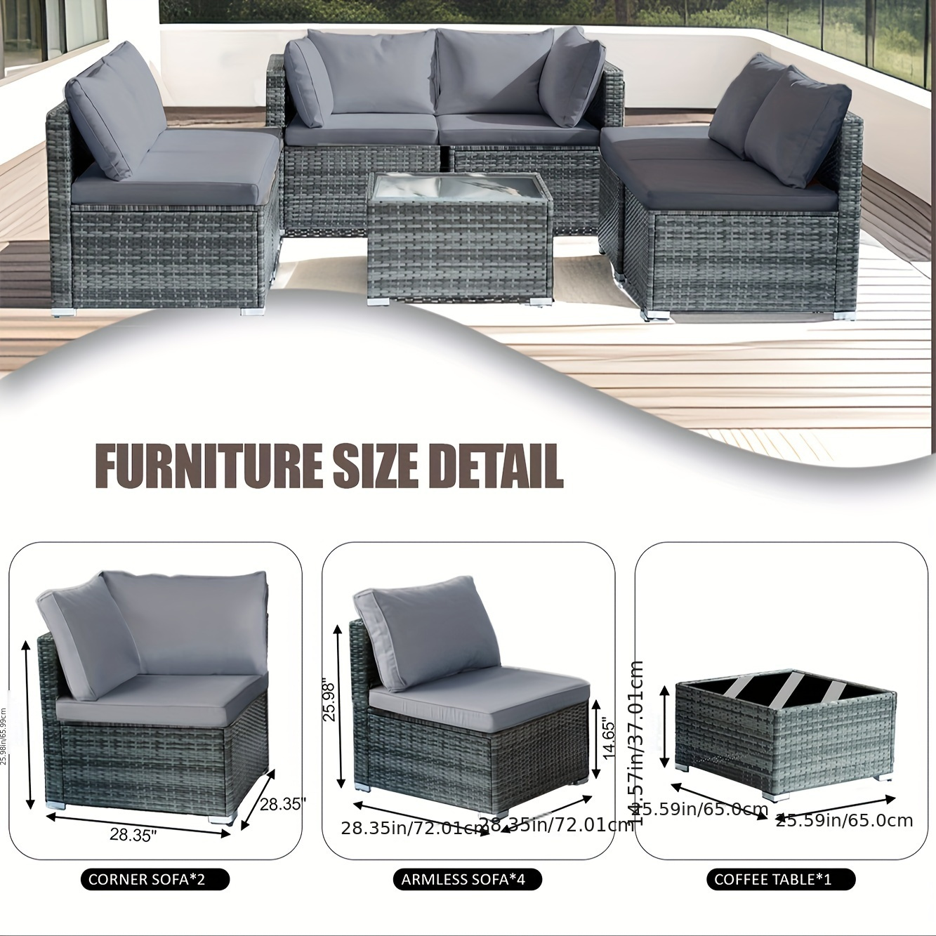 7-piece 7-Piece Rattan Sectional Sofa Patio Set with Washable Cushions and Glass Coffee Table for Garden, Poolside, and Backyard – Bild 3