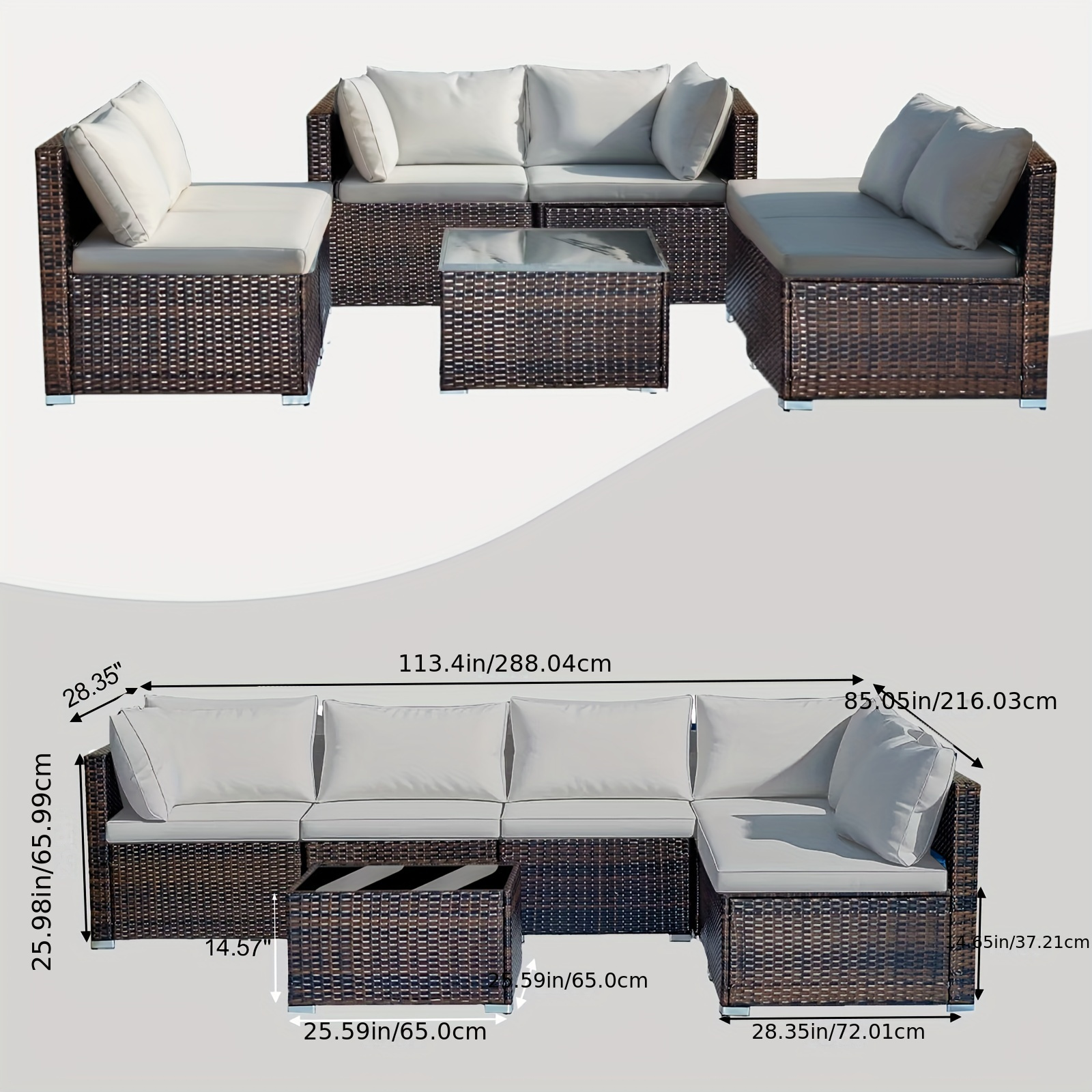 7-piece 7-Piece Rattan Sectional Sofa Patio Set with Washable Cushions and Glass Coffee Table for Garden, Poolside, and Backyard – Bild 4
