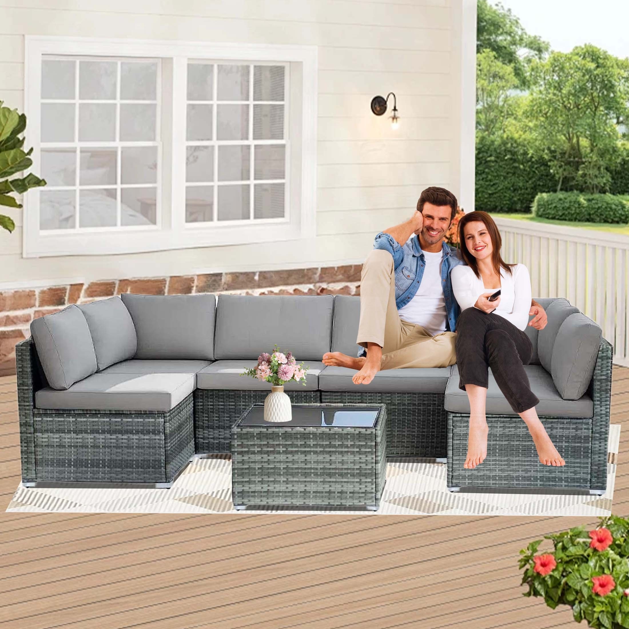 7-piece 7-Piece Rattan Sectional Sofa Patio Set with Washable Cushions and Glass Coffee Table for Garden, Poolside, and Backyard – Bild 18