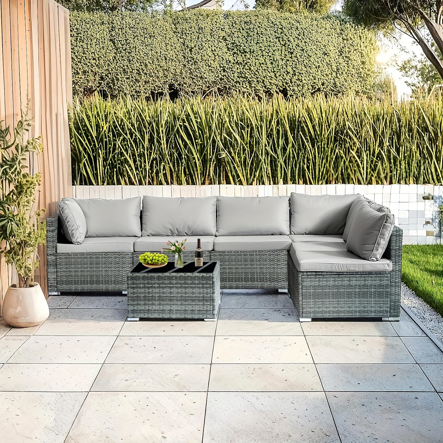 7-piece 7-Piece Rattan Sectional Sofa Patio Set with Washable Cushions and Glass Coffee Table for Garden, Poolside, and Backyard – Bild 21