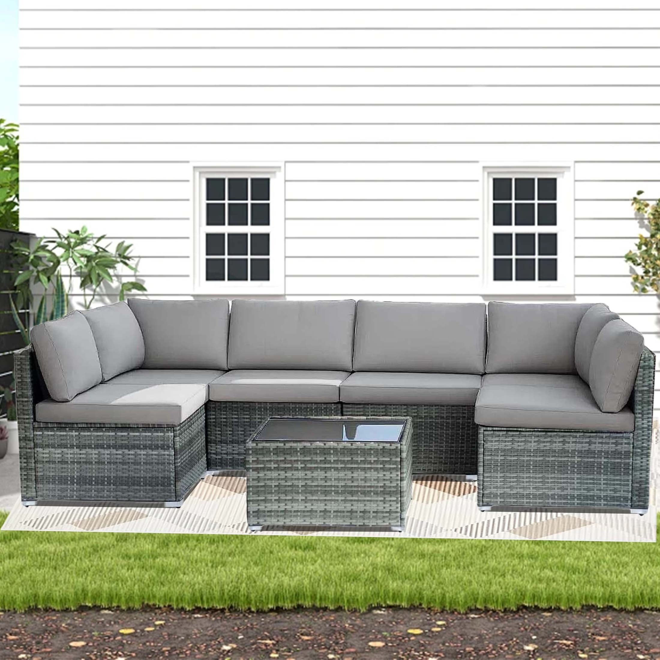 7-piece 7-Piece Rattan Sectional Sofa Patio Set with Washable Cushions and Glass Coffee Table for Garden, Poolside, and Backyard – Bild 17