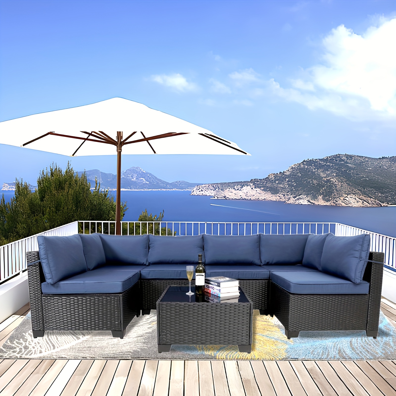 7-piece 7-Piece Rattan Sectional Sofa Patio Set with Washable Cushions and Glass Coffee Table for Garden, Poolside, and Backyard – Bild 11