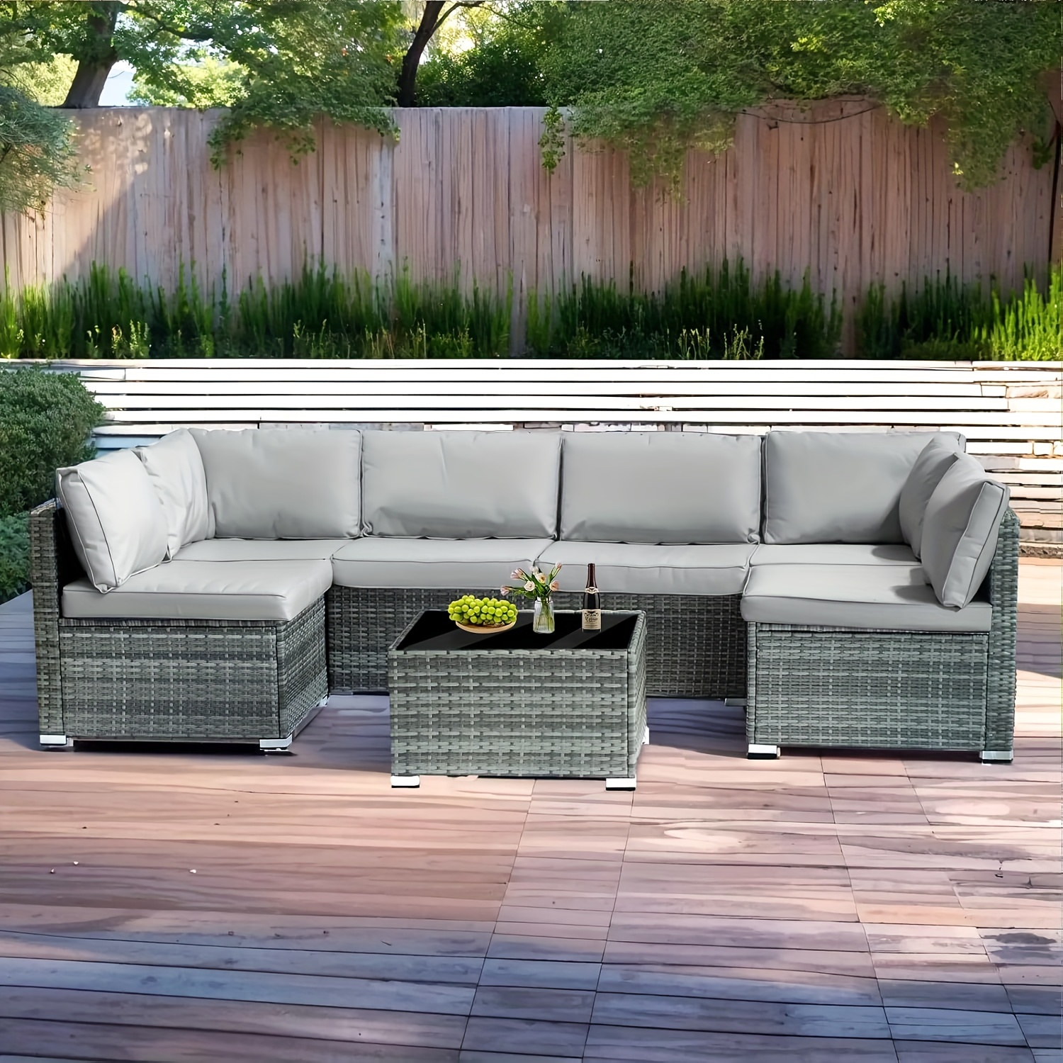 7-piece 7-Piece Rattan Sectional Sofa Patio Set with Washable Cushions and Glass Coffee Table for Garden, Poolside, and Backyard – Bild 19