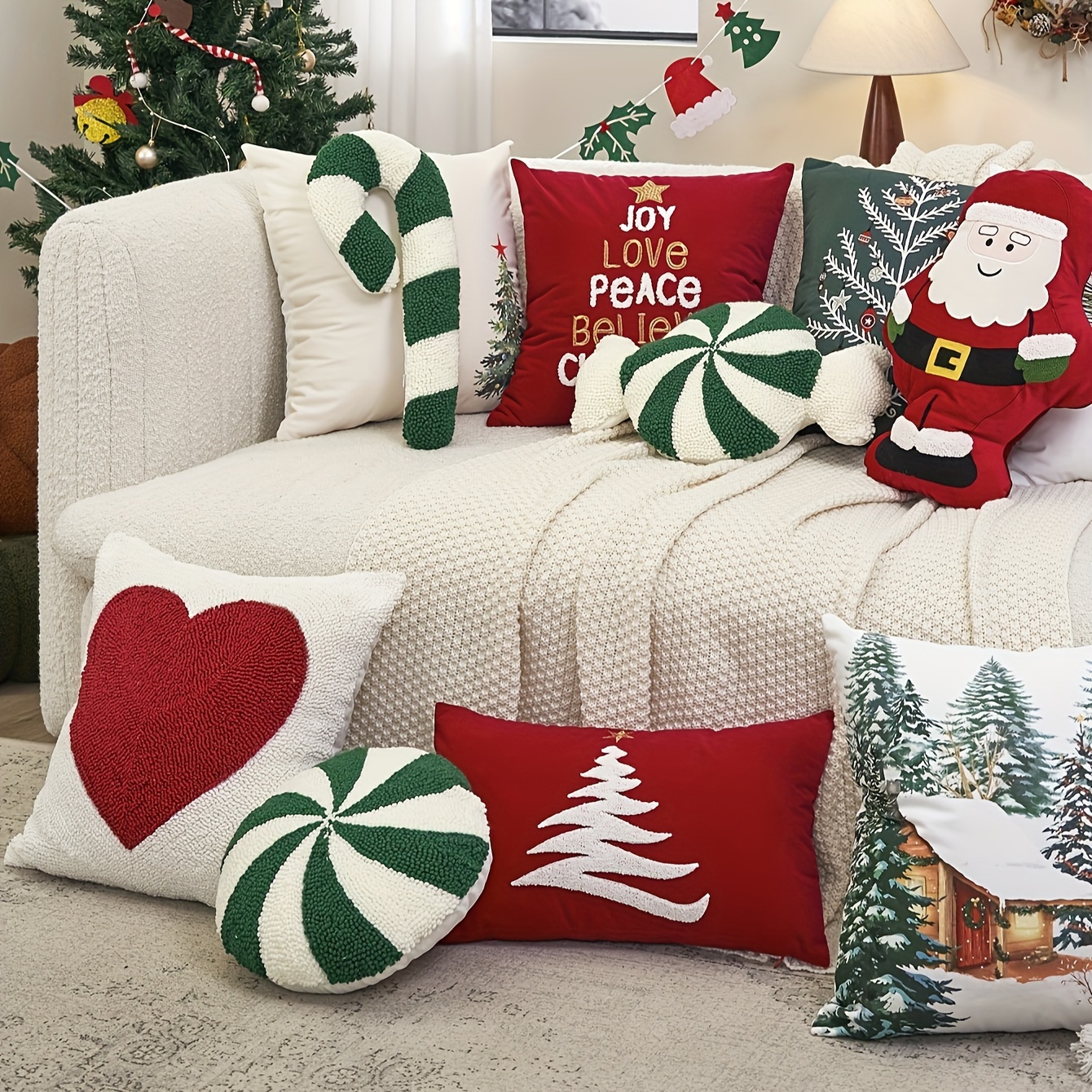 Classic Stripe Pattern Christmas Festive Candy-Shaped Embroidered Velour Throw Pillow - Hand Washable, Woven Polyester Fabric, No Print, for Living Room, Bedroom, Garden, Party Decor (Single Pack)
