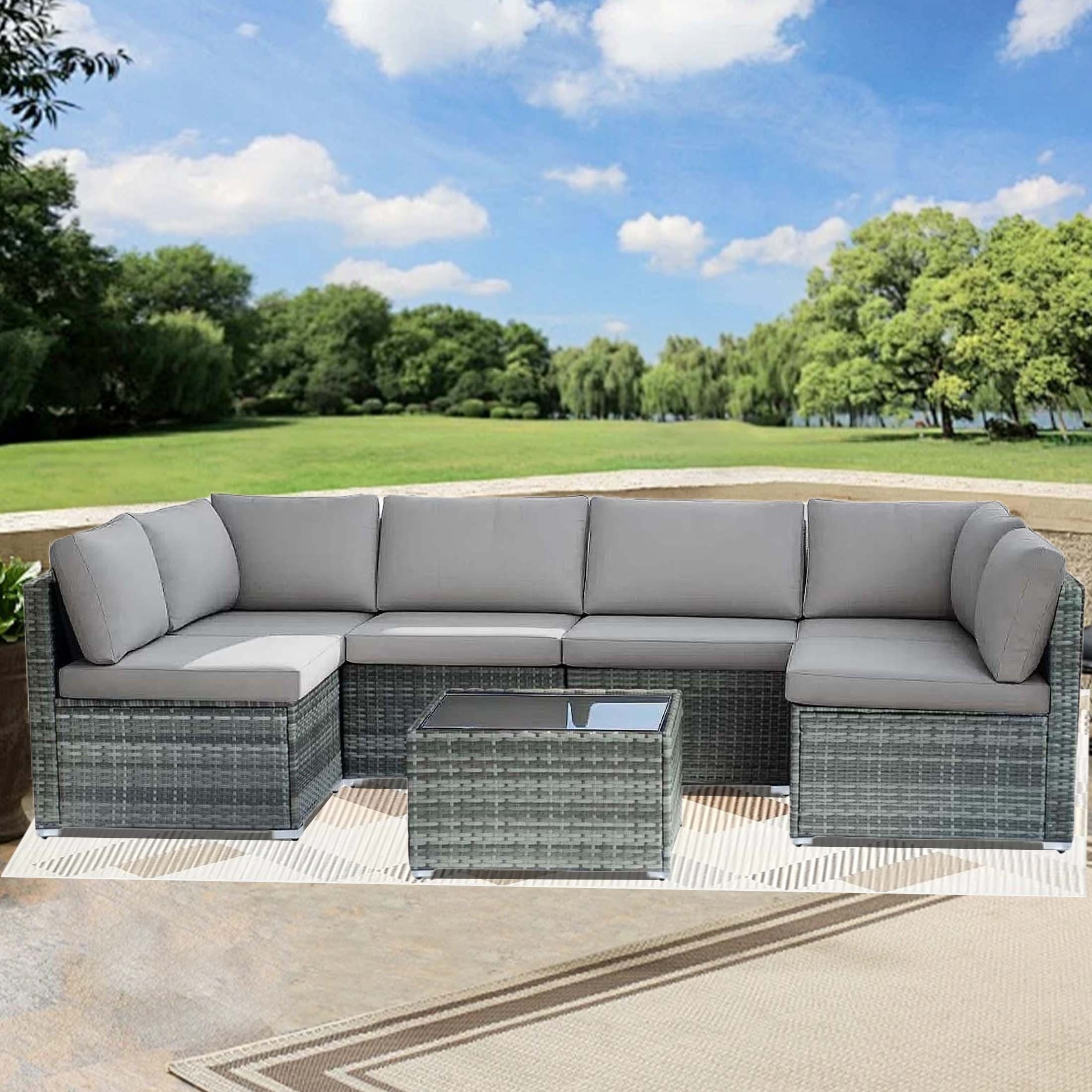 7-piece 7-Piece Rattan Sectional Sofa Patio Set with Washable Cushions and Glass Coffee Table for Garden, Poolside, and Backyard