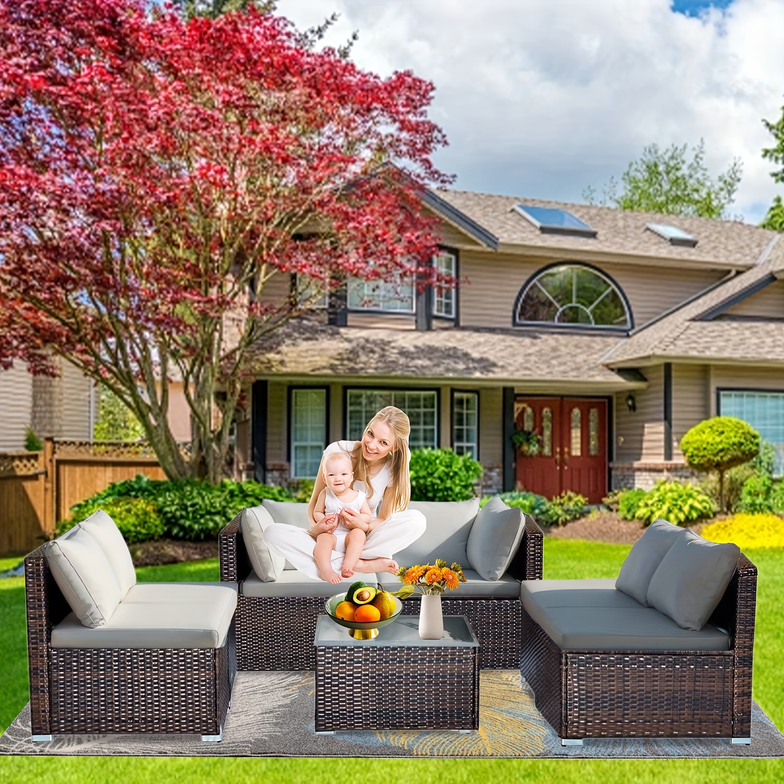 7-piece 7-Piece Rattan Sectional Sofa Patio Set with Washable Cushions and Glass Coffee Table for Garden, Poolside, and Backyard – Bild 2