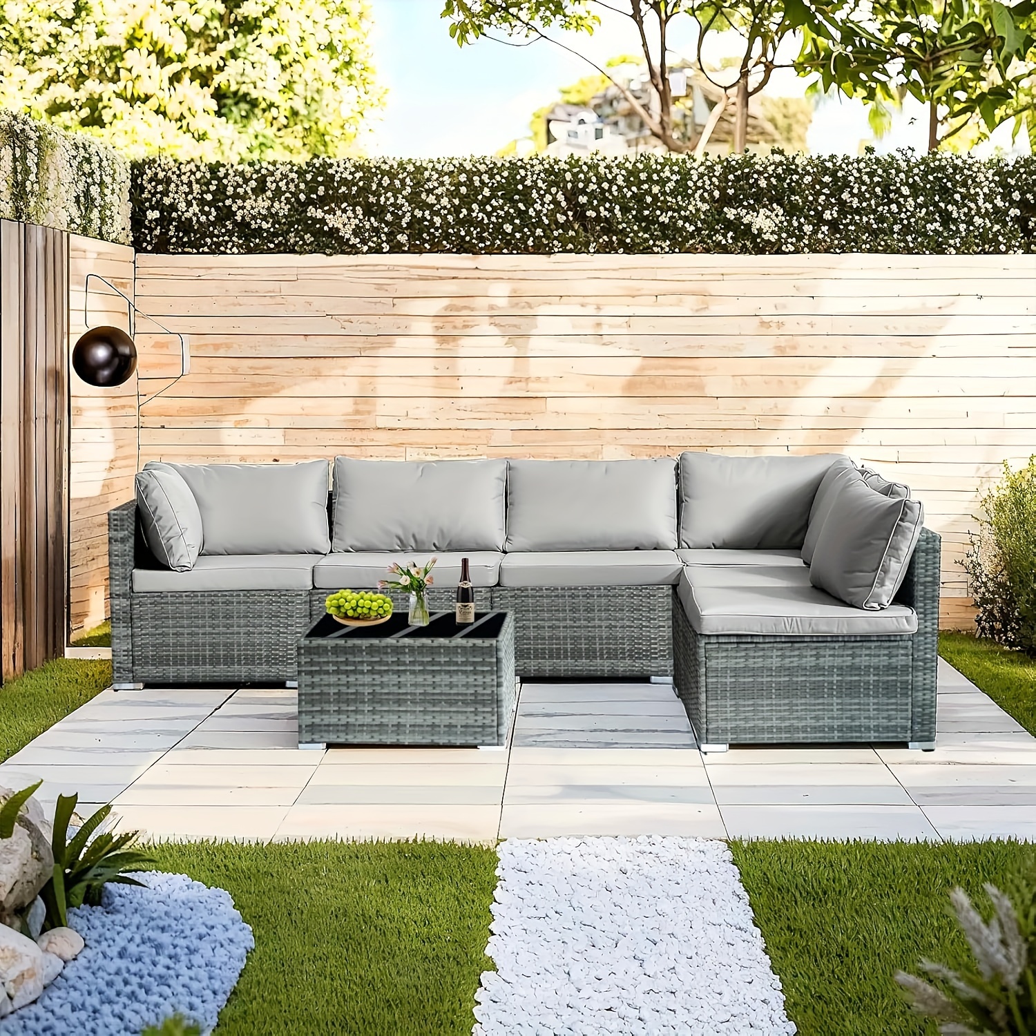 7-piece 7-Piece Rattan Sectional Sofa Patio Set with Washable Cushions and Glass Coffee Table for Garden, Poolside, and Backyard – Bild 20