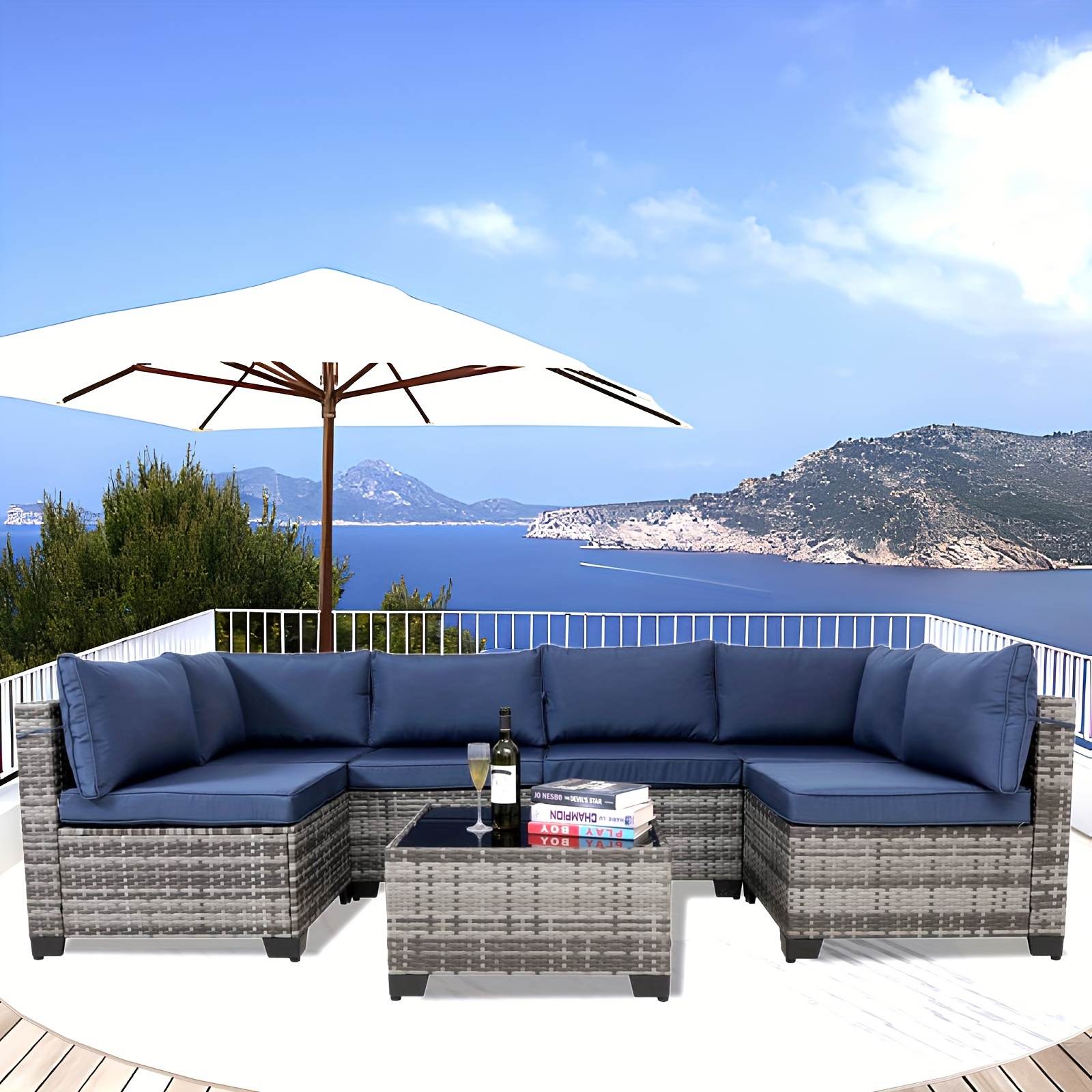 7-piece 7-Piece Rattan Sectional Sofa Patio Set with Washable Cushions and Glass Coffee Table for Garden, Poolside, and Backyard – Bild 7